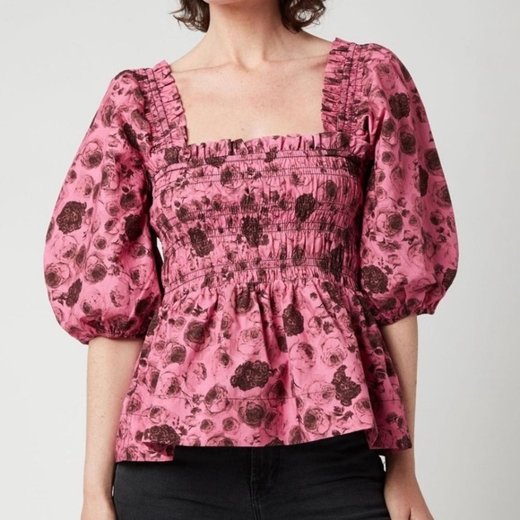 Ganni Floral Printed Pink Cotton Poplin Blouse - Picture 6 of 6